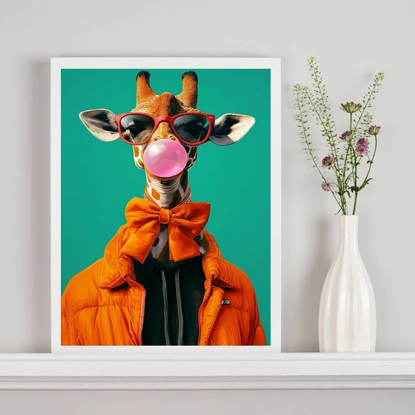 Quadro Girafa Moderna Fashion Colorida 24x18cm - Com Vidro Mo