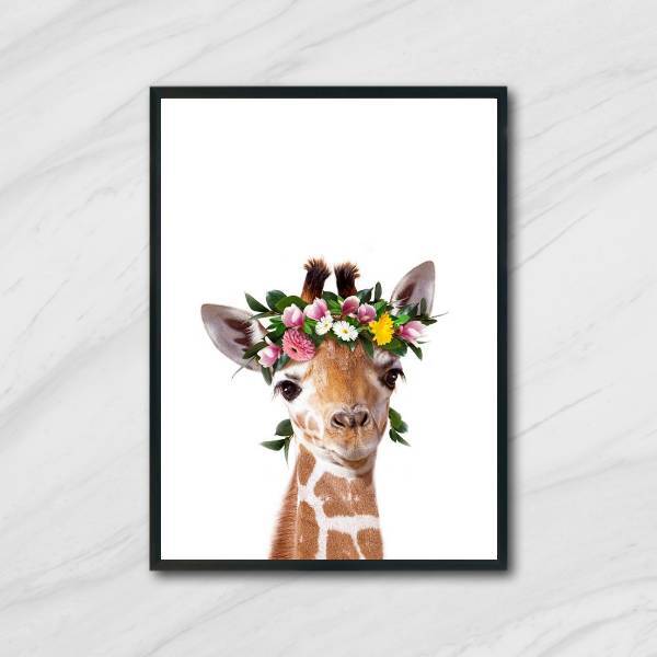 Quadro Girafinha Coroa De Flores 45x34cm - Com Vidro Moldura: