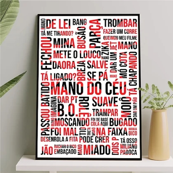 Quadro Gírias De Sp Branco Vermelho Preto 45x34cm - Com Vidro
