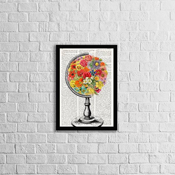 Quadro Globo Flores 45x34cm - Com Vidro Moldura:madeira Preta