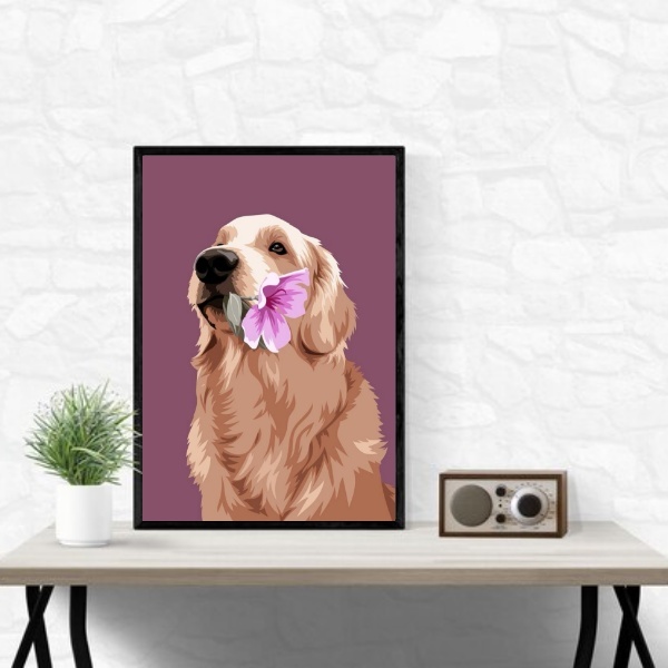 Quadro Golden Retriever - Flor 45x34cm - Com Vidro Moldura Br