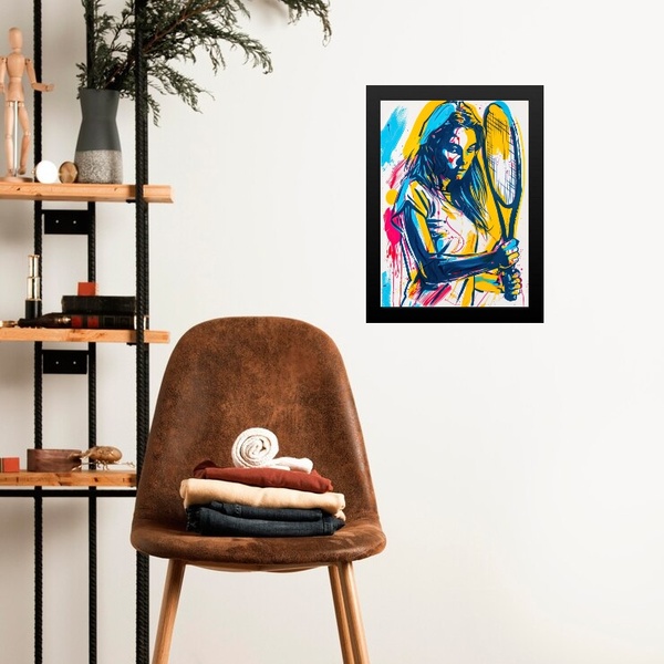 Quadro Gravura Mulher Com Raquete - Tênis 33x24cm - Com Vidro