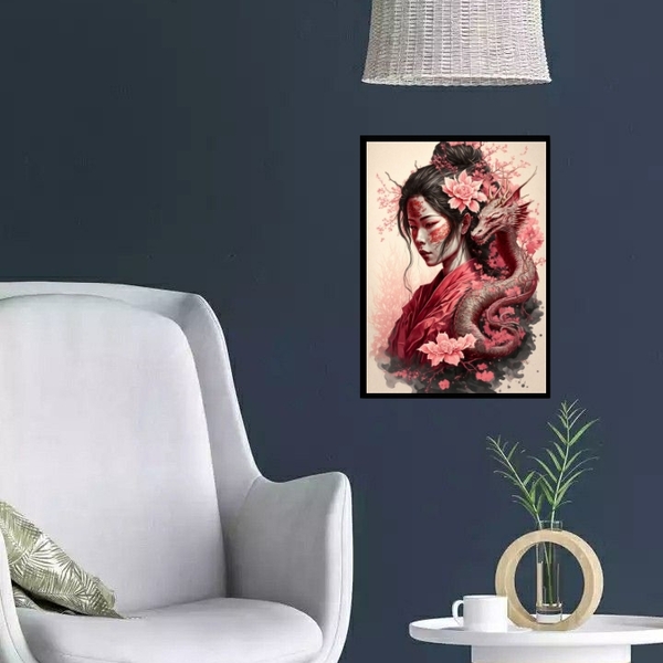 Quadro Gueixa Com Dragão 24x18cm Moldura:madeira Branca