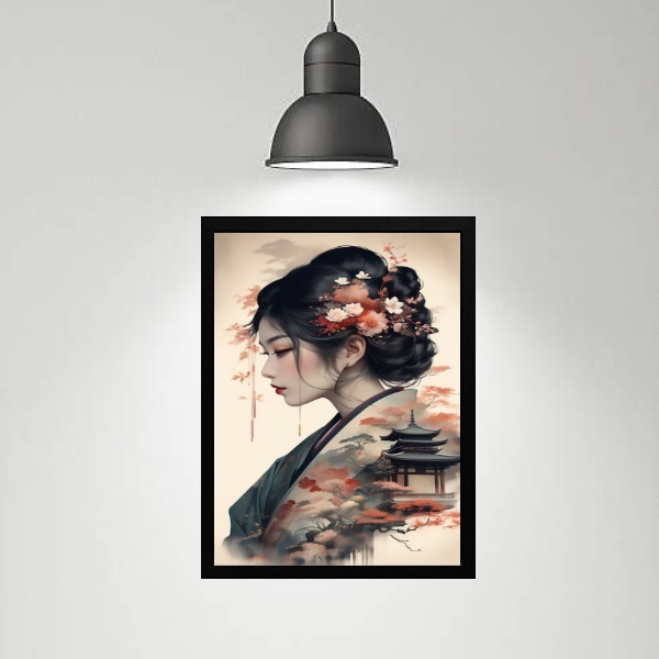 Quadro Gueixa Paisagem Japonesa 24x18cm Moldura:madeira Preta