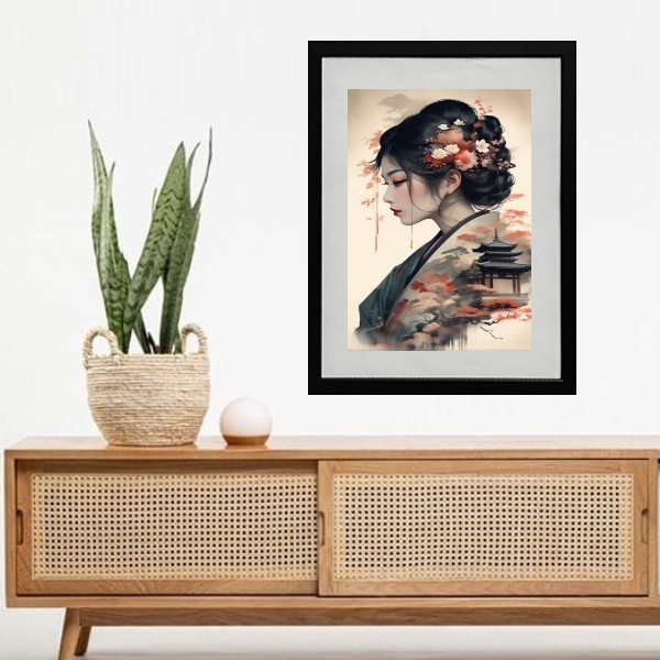 Quadro Gueixa Paisagem Japonesa - 60x48cm Moldura:madeira Bra