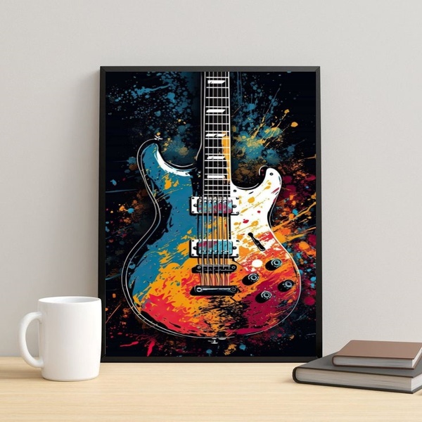 Quadro Guitarra Colorida - Aquarela 45x34cm Moldura Preta