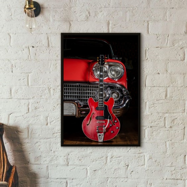 Quadro Guitarra E Carro Antigo Vermelhos 24x18cm Moldura:made