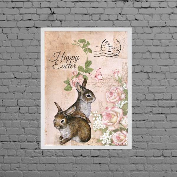 Quadro Happy Easter Coelhinhos Retrô 45x34cm Moldura:madeira