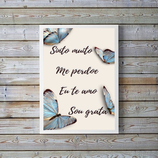 Quadro Hooponopono Borboletas azuis 45x34cm - Com Vidro Moldu