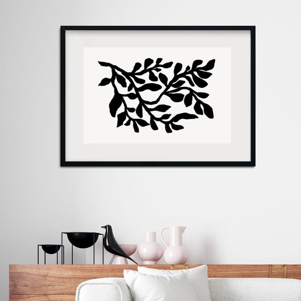 Quadro Horizontal Minimalista Ramo Preto - 60x48cm Moldura:ma