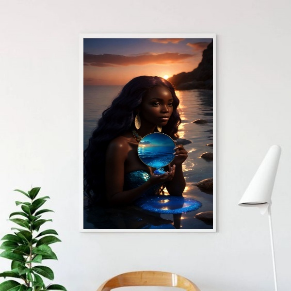 Quadro Iemanjá Negra - Espelho 33x24cm - Com Vidro Moldura:ma