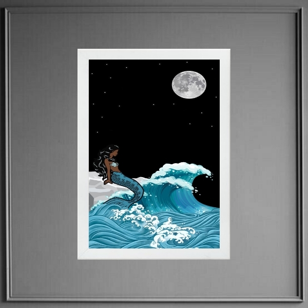 Quadro Iemanjá Sereia Ao Luar 33x24cm Moldura:madeira Preta