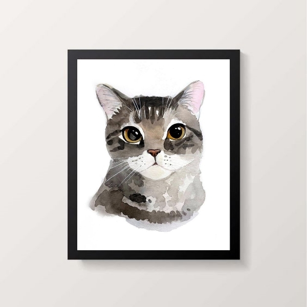 Quadro Ilustração Gato Cinza 24x18cm Moldura:madeira Branca