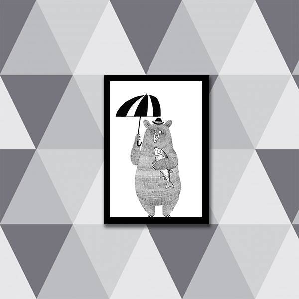 Quadro Ilustração Infantil Urso Estilo Escandinavo 24x18cm -