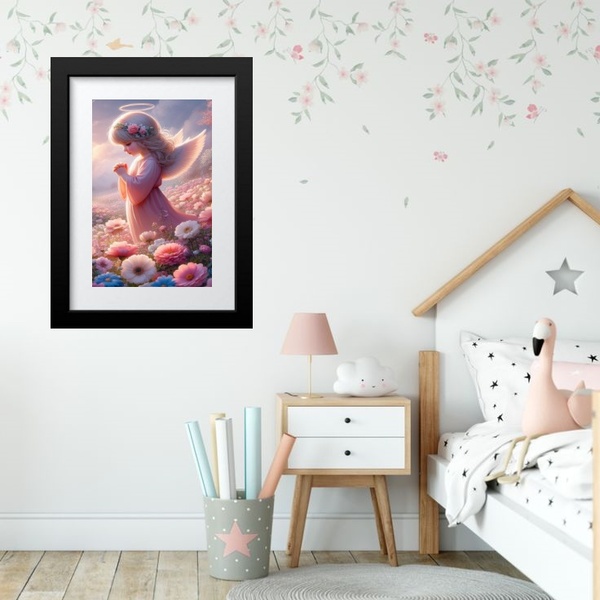 Quadro Infantil Anjinha Com Flores - 60x48cm Moldura Branca
