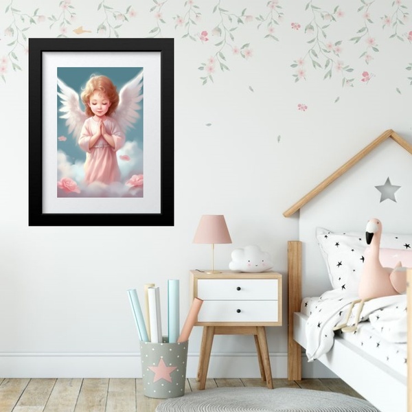 Quadro Infantil Anjinha Rezando - 60x48cm Moldura Preta