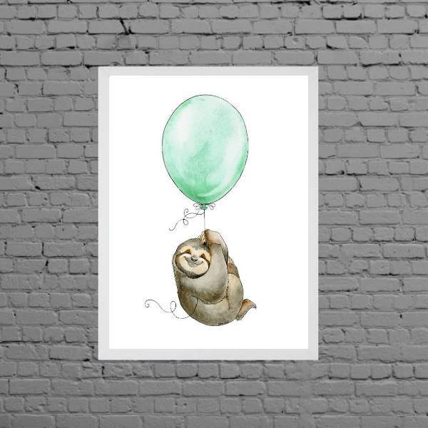 Quadro Infantil Bicho Preguiça Com Balão 24x18cm - Com Vidro