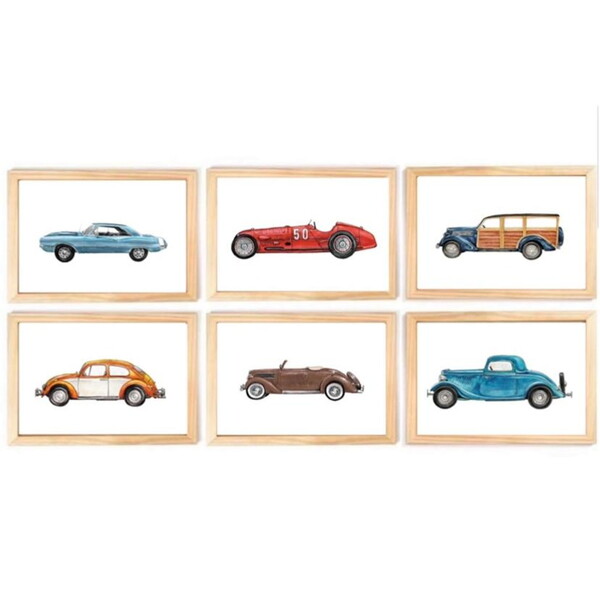 Quadro Infantil Carros 6 Un A4 Vidro E Pendurador
