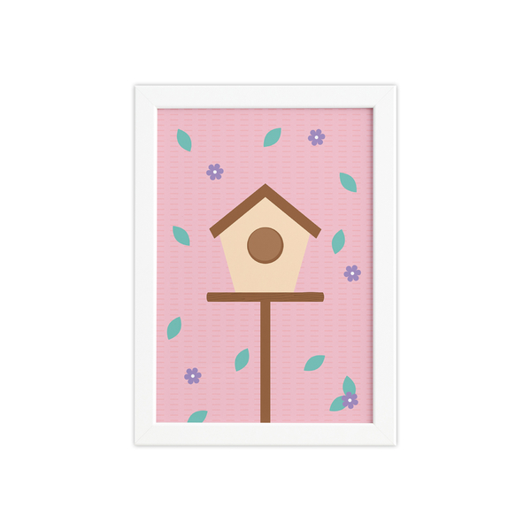 Quadro Infantil Casa Passarinhos Moldura Branca 33x43cm