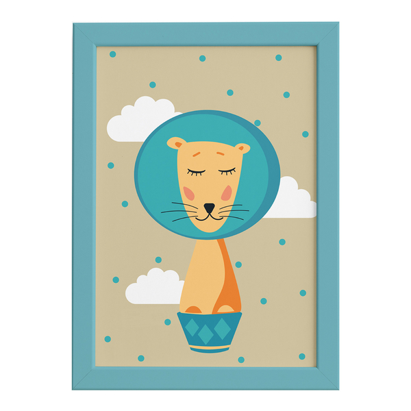 Quadro Infantil Circo Leão para Quarto Moldura Azul 22x32cm