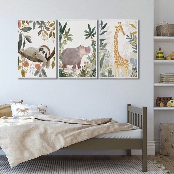 Quadro Infantil Decorativo Diversão Na Selva Com 3 Telas 60x9