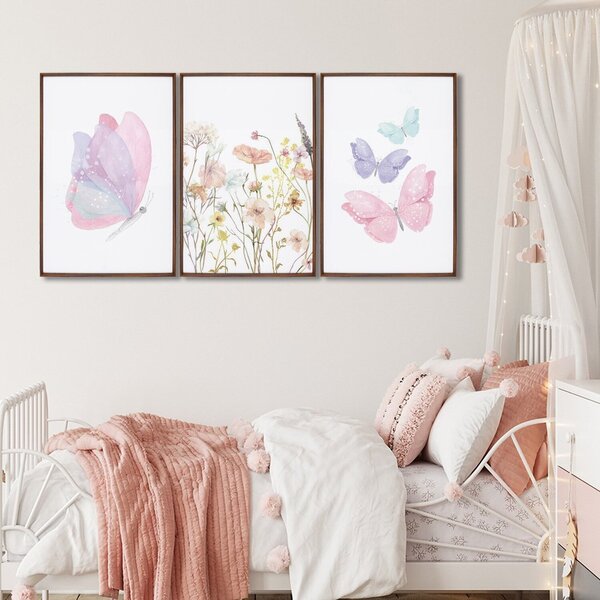 Quadro Infantil Decorativo Flores E Borboletas Com 3 Telas 60