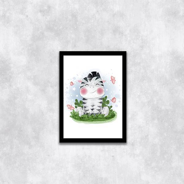 Quadro Infantil Estilo Aquarela Zebrinha 33x24cm - Com Vidro