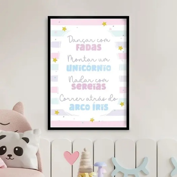 Quadro Infantil Fadas Unicórnios Sereia 24x18cm - Com Vidro M