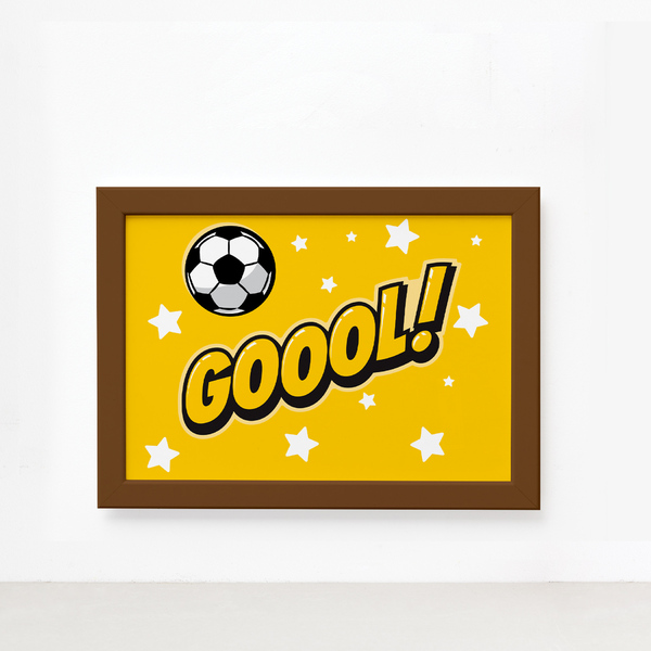 Quadro Infantil Futebol Gol Amarelo 22x32 Moldura Marrom