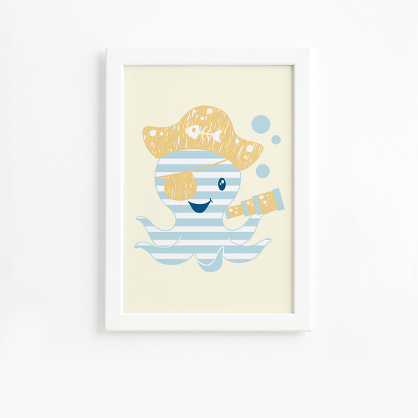 Quadro Infantil Marinheiro Pirata Moldura Branca 22x32cm