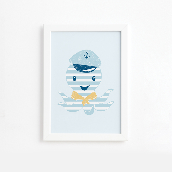 Quadro Infantil Marinheiro Polvo Moldura Branca 22x32cm