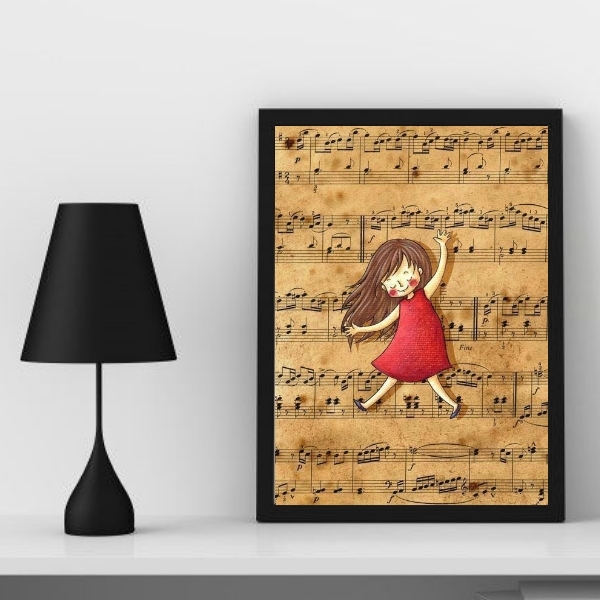 Quadro Infantil Música Menina Com Partitura 33x24cm - Com Vid