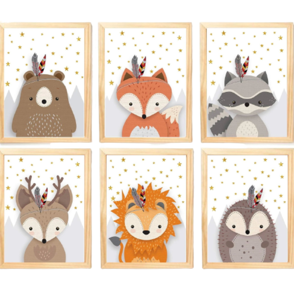 Quadro Infantil Safari 6 Un A4 Vidro E Pendurador