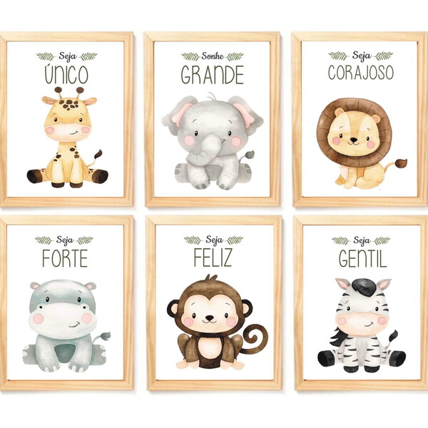 Quadro Infantil Safari 6 Un A4 Vidro E Pendurador