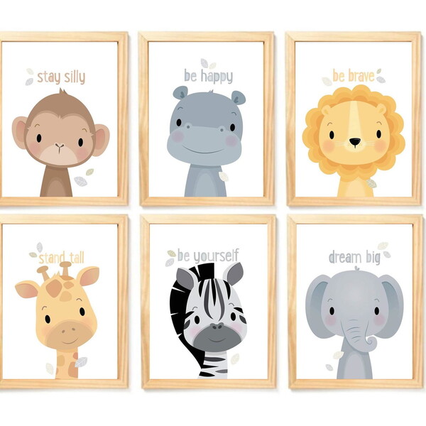 Quadro Infantil Safari 6 Un A4 Vidro E Pendurador