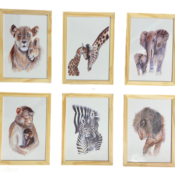 Quadro Infantil Safari 6 Un A4 Vidro E Pendurador