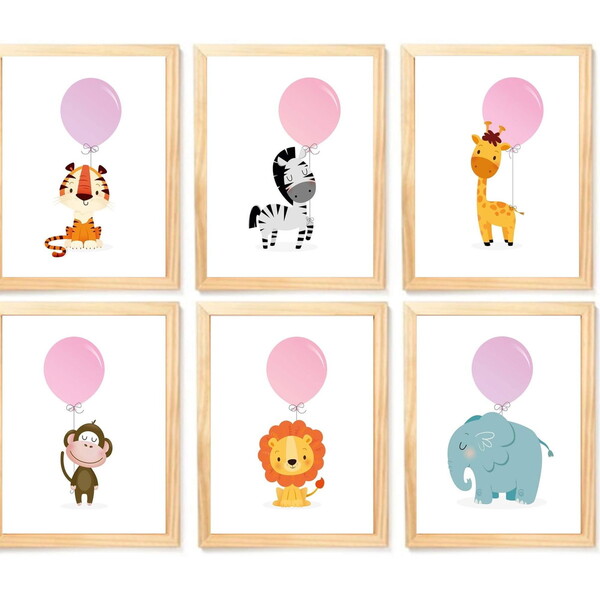 Quadro Infantil Safari Balão 6 Un A4 Vidro E Pendurador