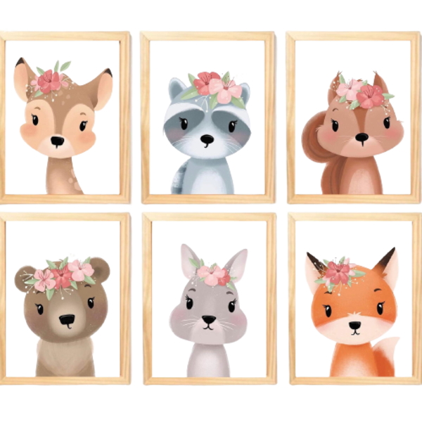 Quadro Infantil Safari Flor 6 Un A4 Vidro E Pendurador