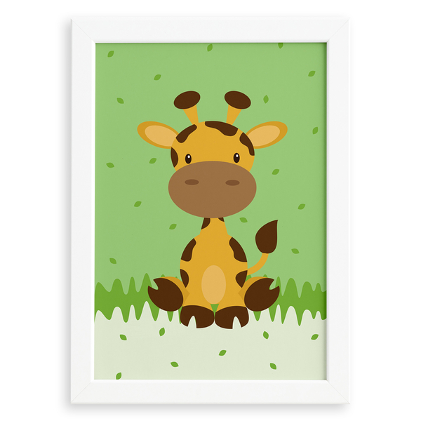 Quadro Infantil Safari Girafa Quarto Moldura Branca 33x43cm