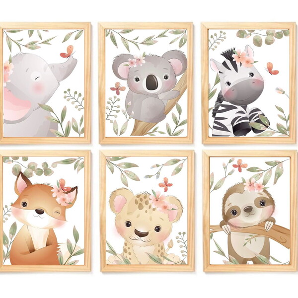 Quadro Infantil Safari Menina 6 Un A4 Vidro E Pendurador