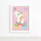 Quadro Infantil Unicórnio e Borboleta 33x43 Moldura Branca