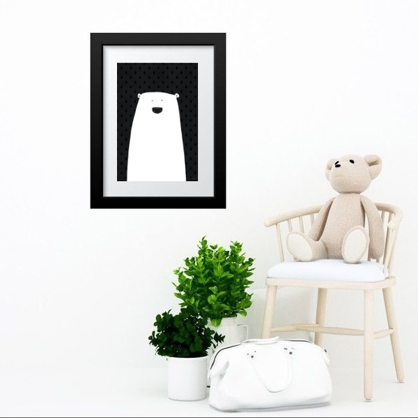 Quadro Infantil Urso Branco E Preto - 60x48cm Moldura:madeira