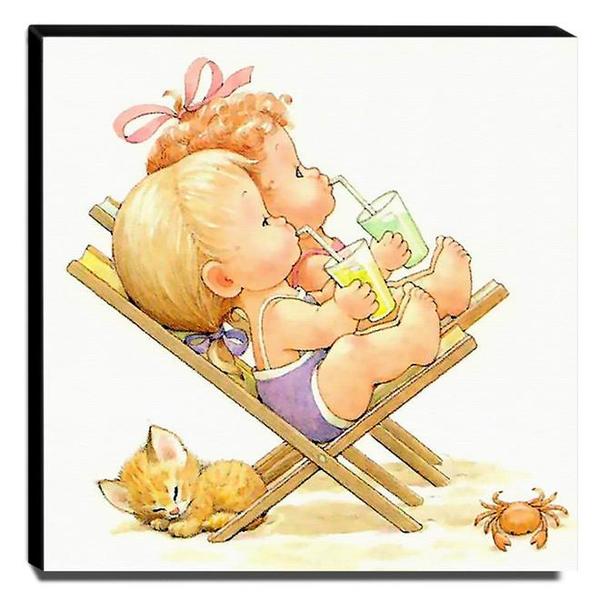 Quadro Infantil Vintage Crianças Na Praia Canvas 30x30cm-inf4