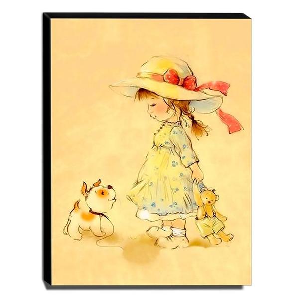 Quadro Infantil Vintage Menina E Cachorro Canvas 40x30cm-inf4