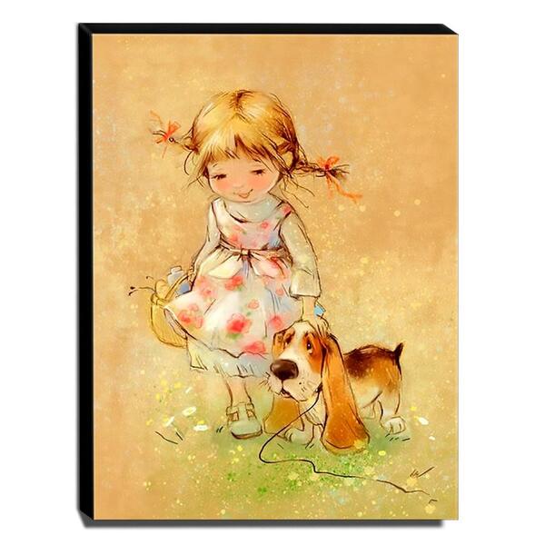 Quadro Infantil Vintage Menina E Cachorro Canvas 40x30cm-inf4