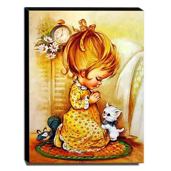Quadro Infantil Vintage Menina Orando Canvas 40x30cm-inf444