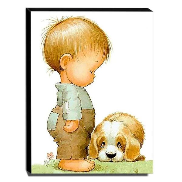 Quadro Infantil Vintage Menino E Cachorro Canvas 40x30cm-inf5