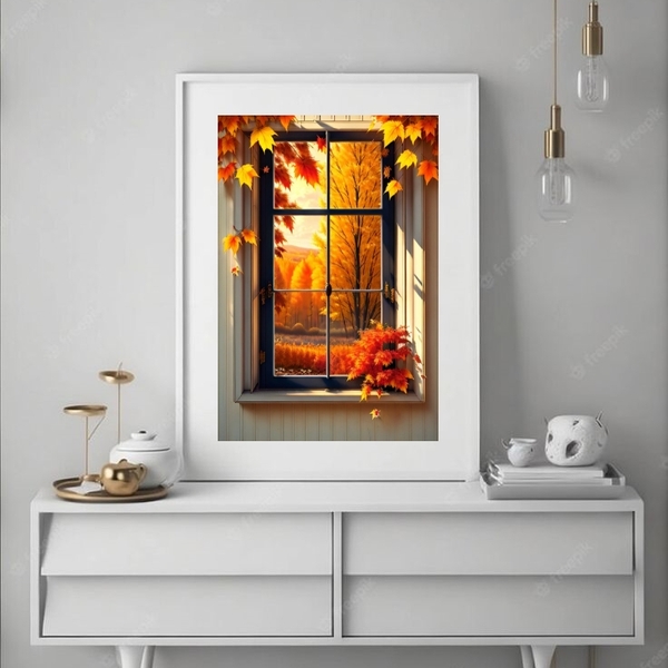 Quadro Janela Paisagem Outono - 60x48cm Moldura:madeira Branca