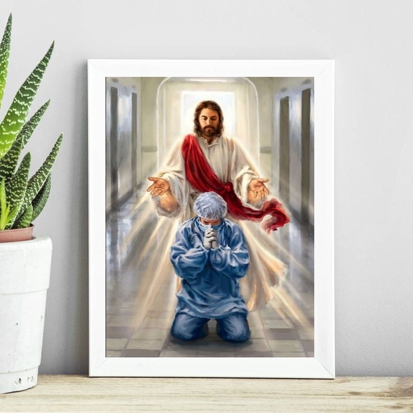 Quadro Jesus Abençoando Médico 45x34cm - Com Vidro Moldura:ma
