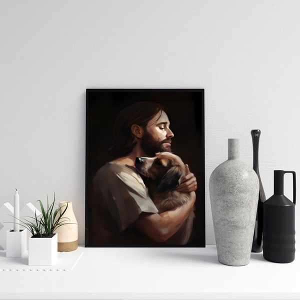 Quadro Jesus Abraçando Cachorro 33x24cm Moldura:madeira Branca